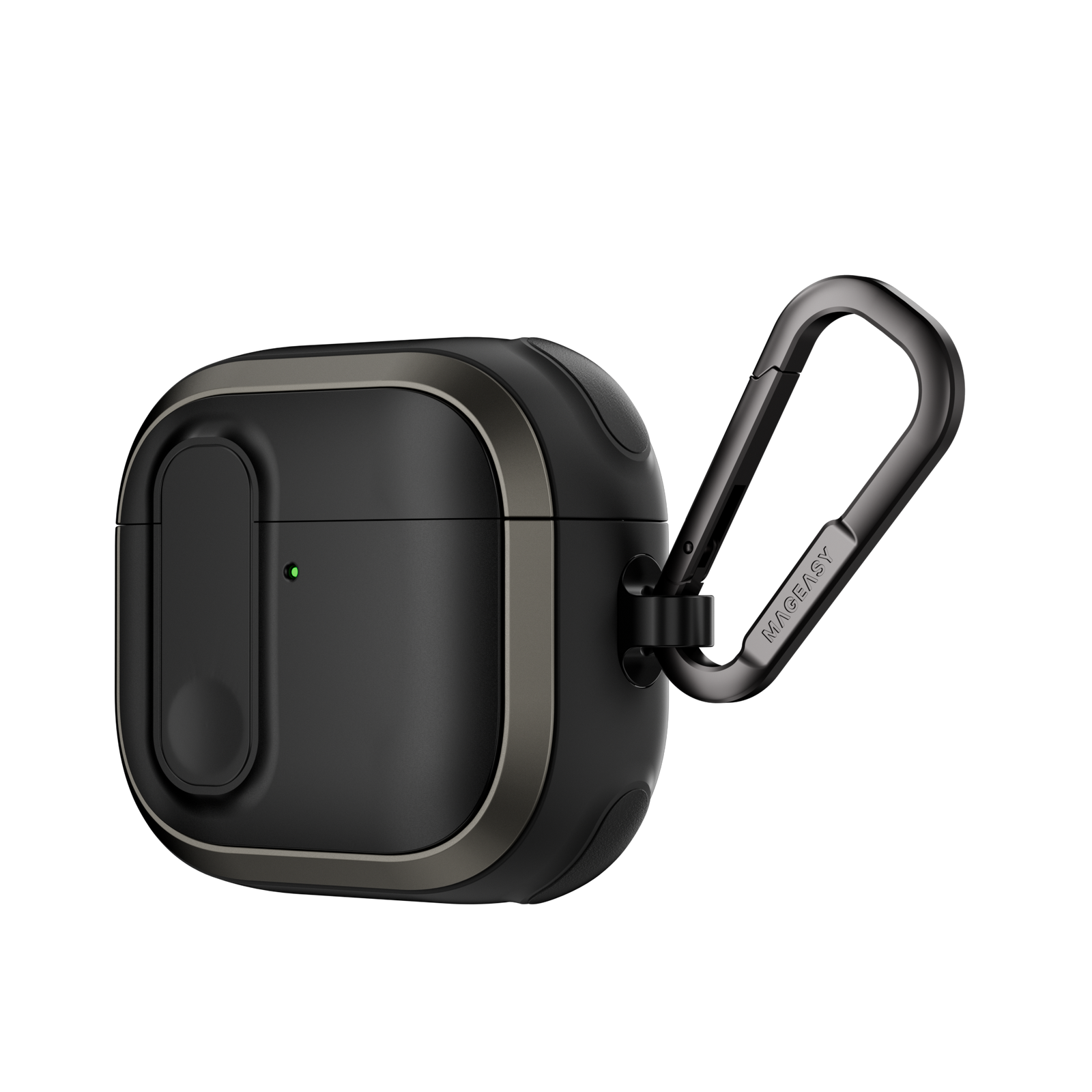 MAGEASY Odyssey AirPods 4 outdoor case in Metal Black, angled side view with metal carabiner