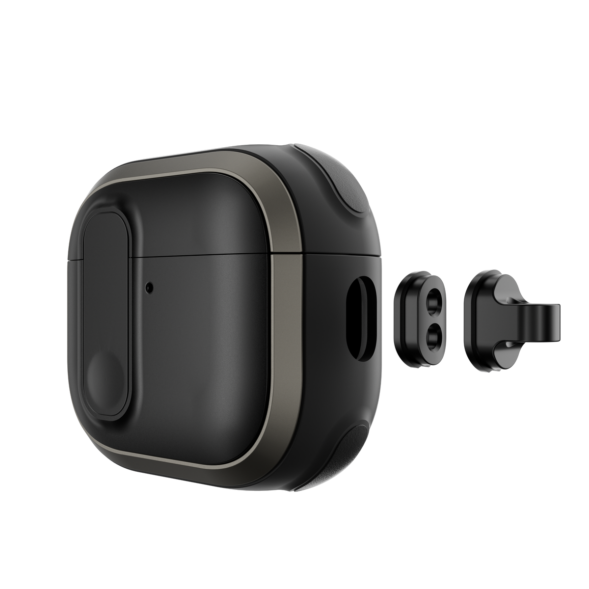MAGEASY Odyssey AirPods 4 cover in Metal Black, detachable hook and accessory mount detail