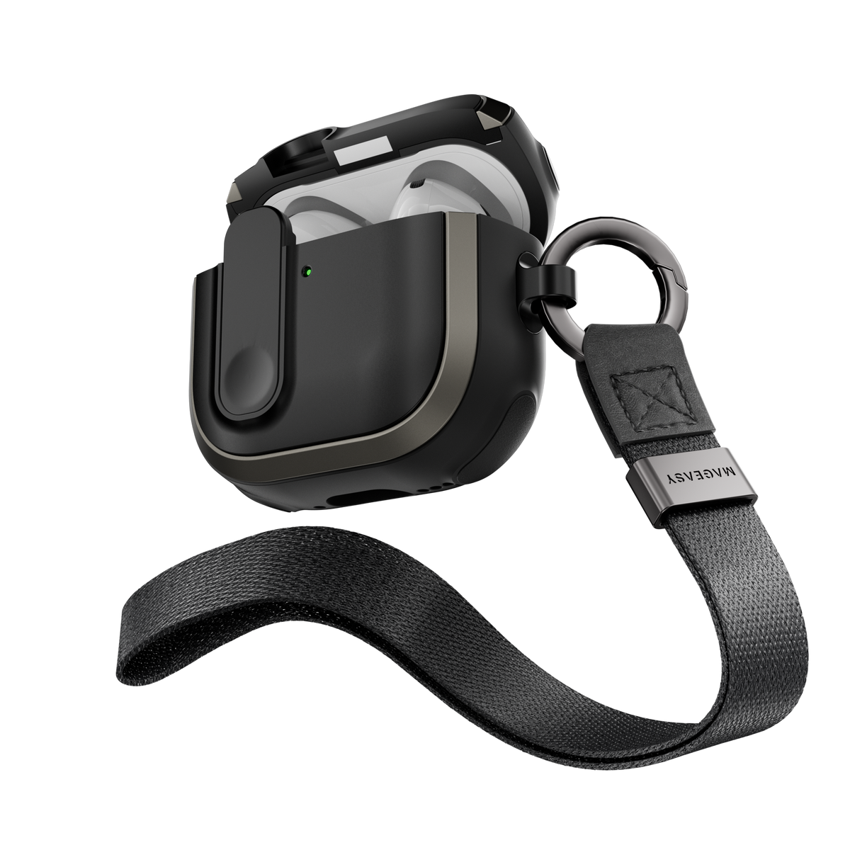 MAGEASY Odyssey AirPods 4 case in Metal Black, open case with wrist strap for everyday carry