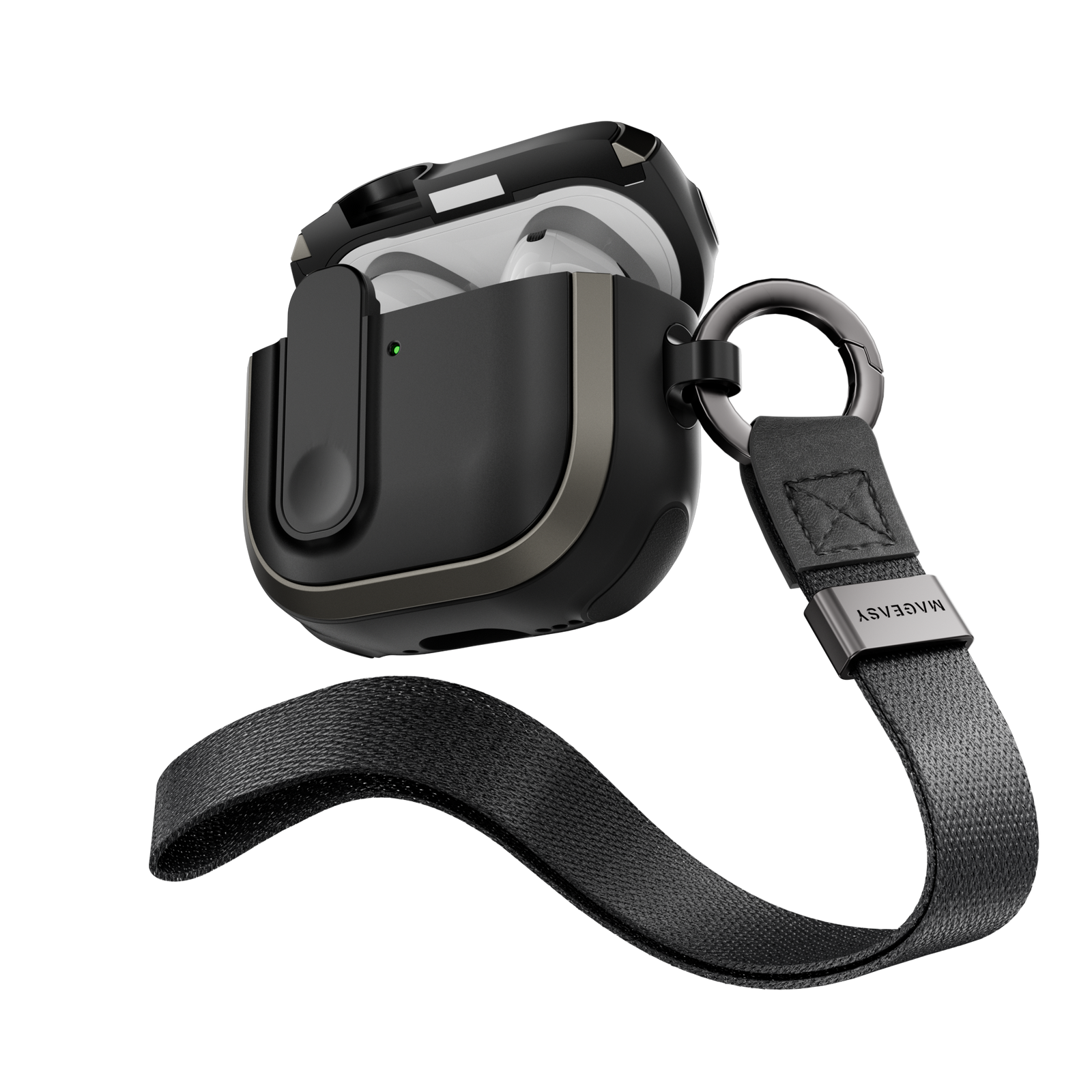 MAGEASY Odyssey AirPods 4 case in Metal Black, open case with wrist strap for everyday carry