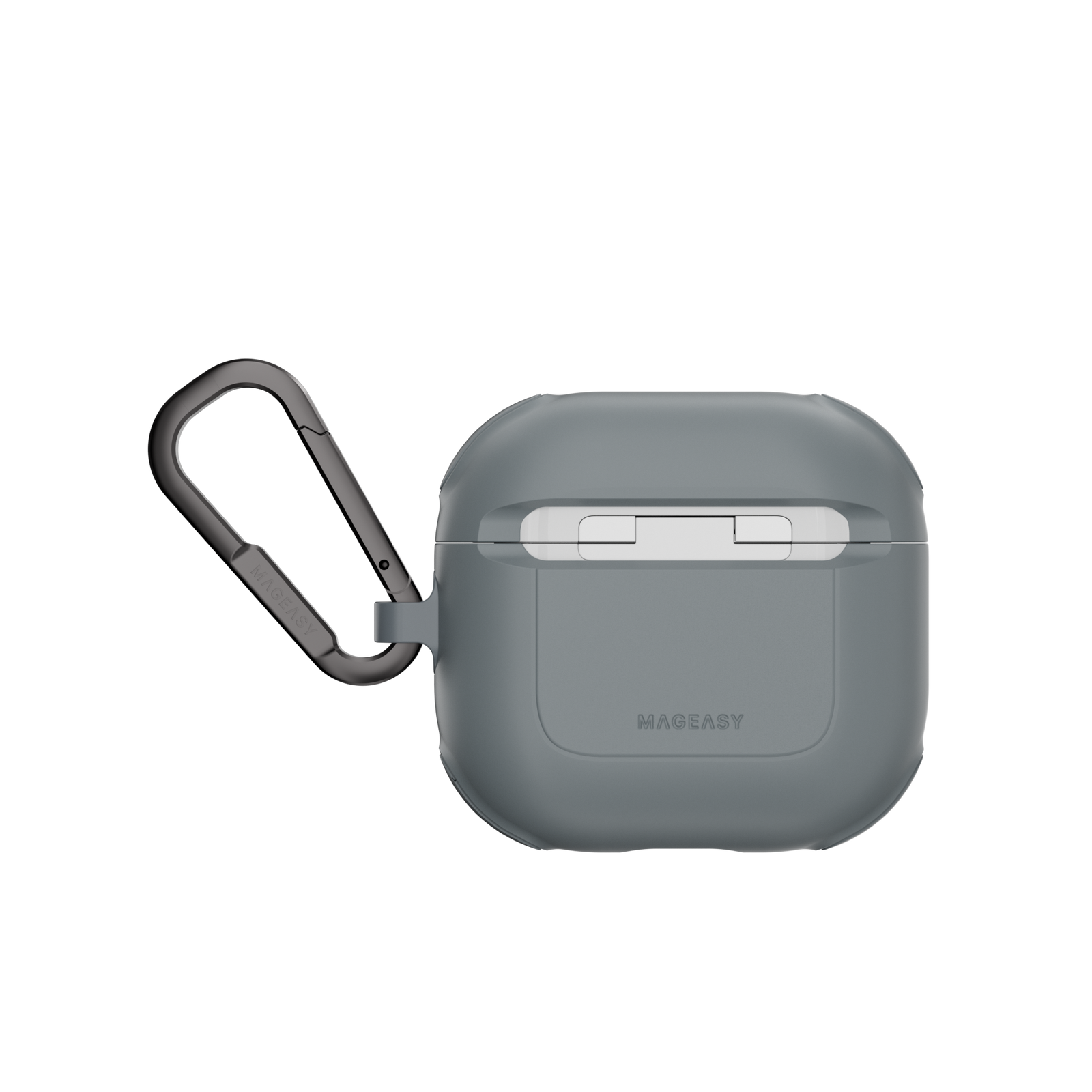 MAGEASY Odyssey AirPods 4 case in Metal Blue Gray, back view with hinge cover and carabiner clip