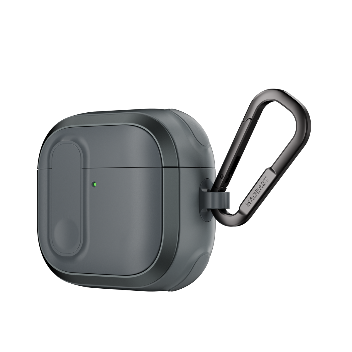 MAGEASY Odyssey AirPods 4 outdoor case in Metal Blue Gray, angled side view with metal carabiner