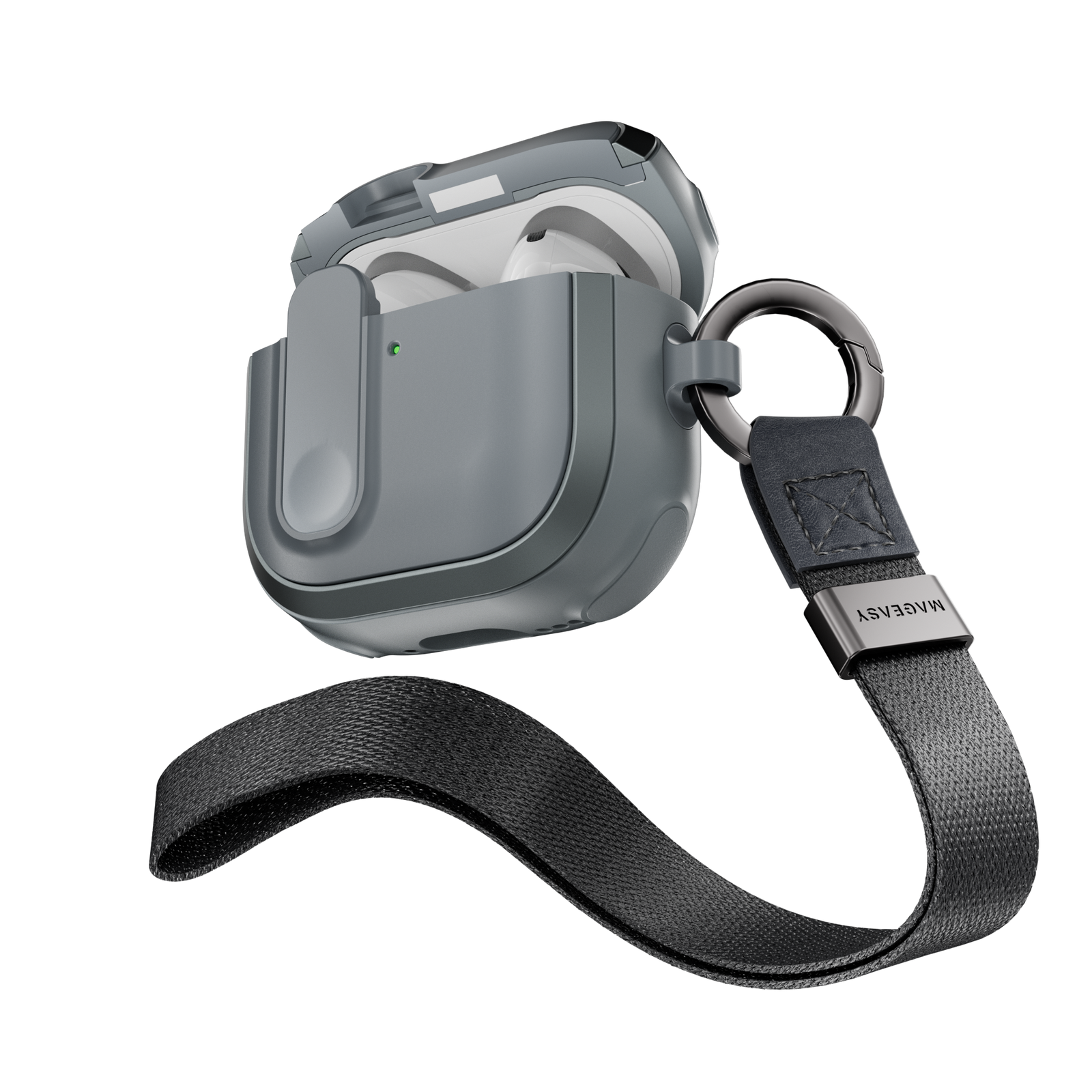 MAGEASY Odyssey AirPods 4 case in Metal Blue Gray, open case with wrist strap for everyday carry
