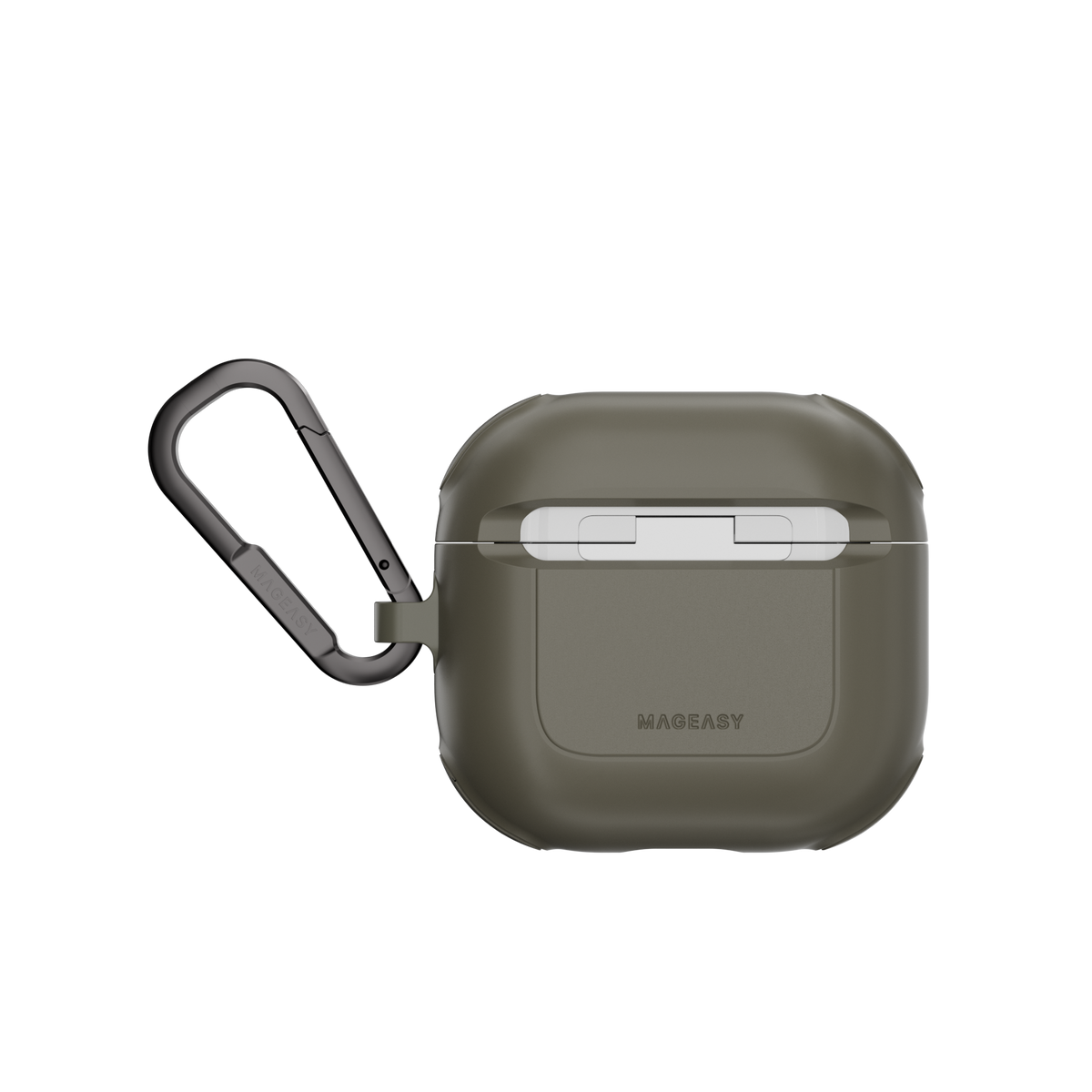 MAGEASY Odyssey AirPods 4 case in Metal Green, back view with hinge cover and carabiner clip