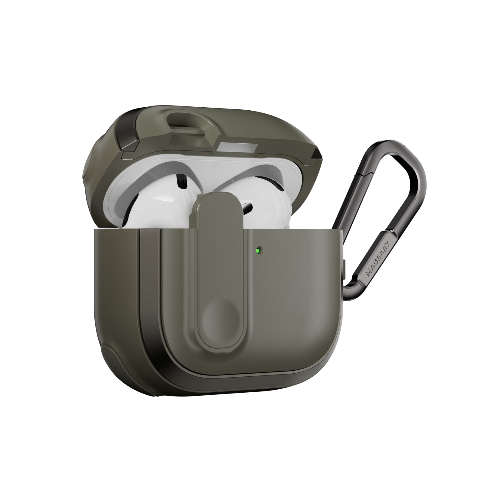 MAGEASY Odyssey AirPods 4 shockproof case in Metal Green, side profile showing protective shell