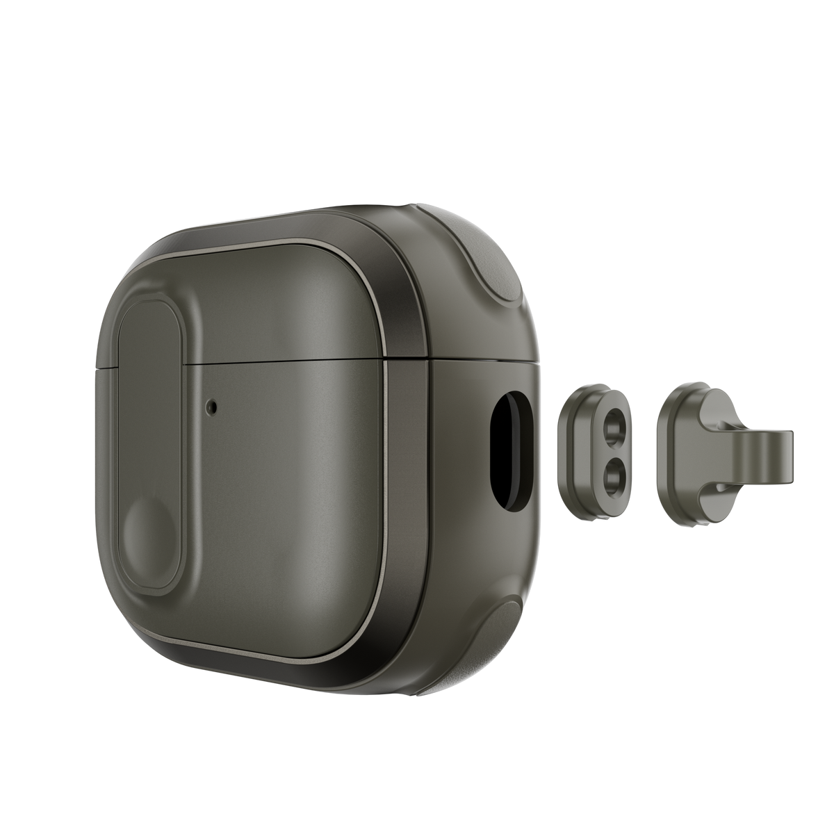 MAGEASY Odyssey AirPods 4 cover in Metal Green, detachable hook and accessory mount detail