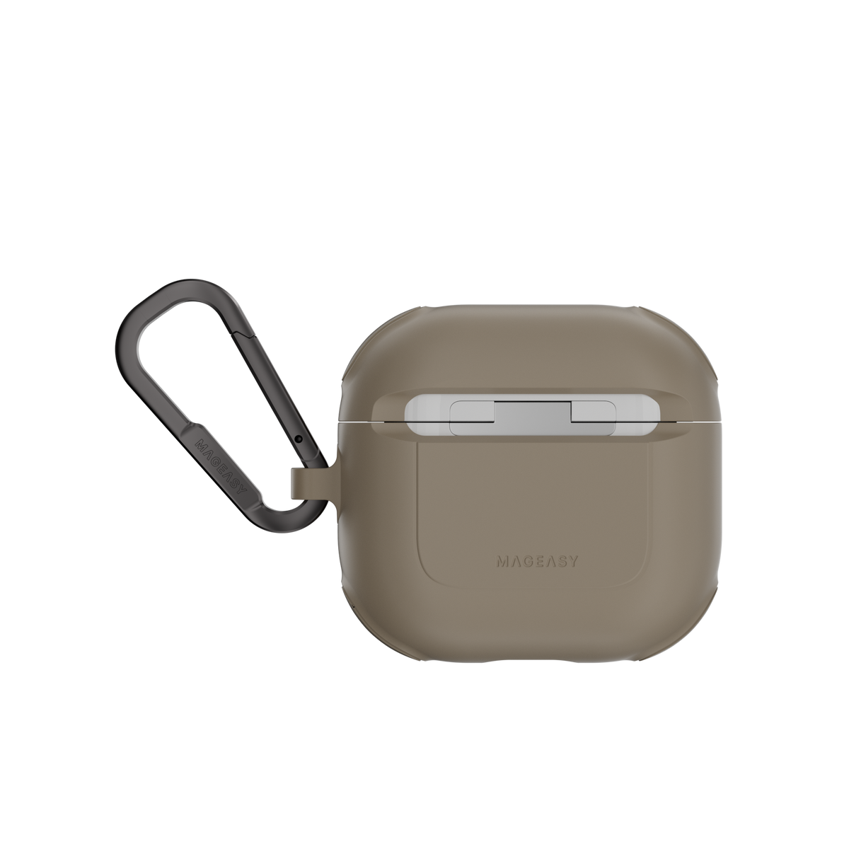 MAGEASY Odyssey AirPods 4 case in Metal Sand, back view with hinge cover and carabiner clip