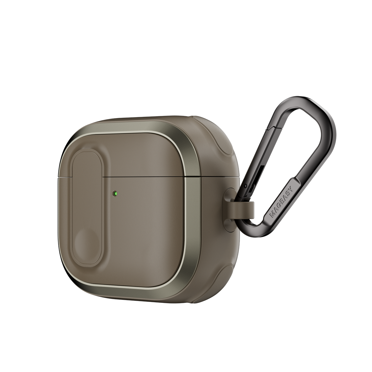 MAGEASY Odyssey AirPods 4 outdoor case in Metal Sand, angled side view with metal carabiner