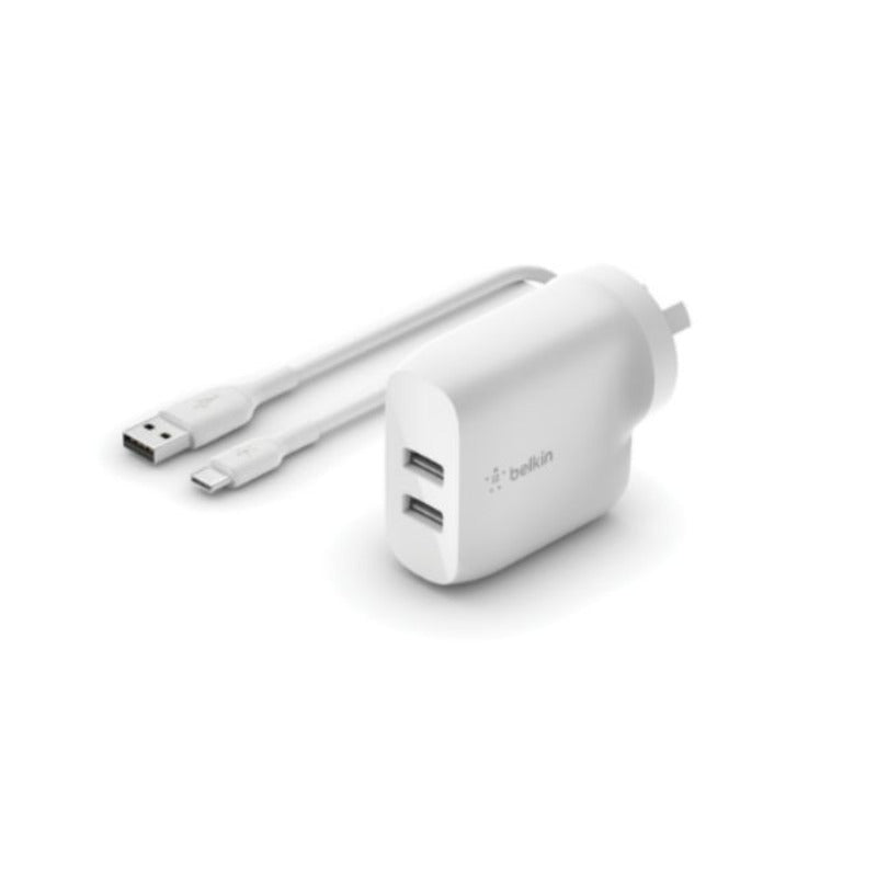 Belkin 24W Dual USB-A Wall Charger USB-A to C Cable - White