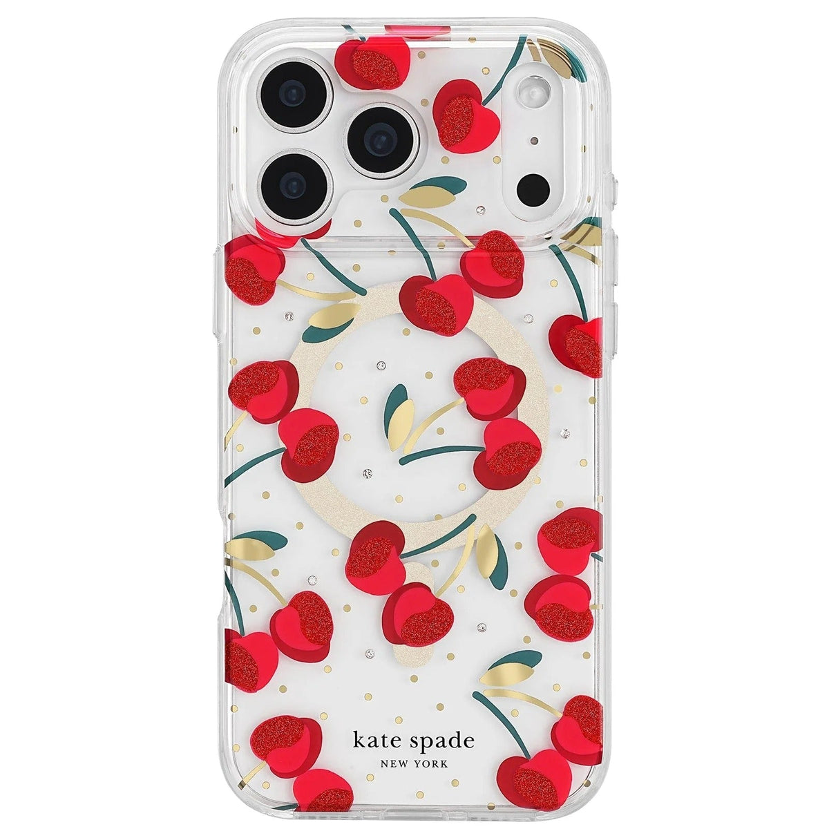 Kate Spade Cherry Dot MagSafe Case for iPhone 18 Pro 6.3 - Clear/Red & Gold — front view