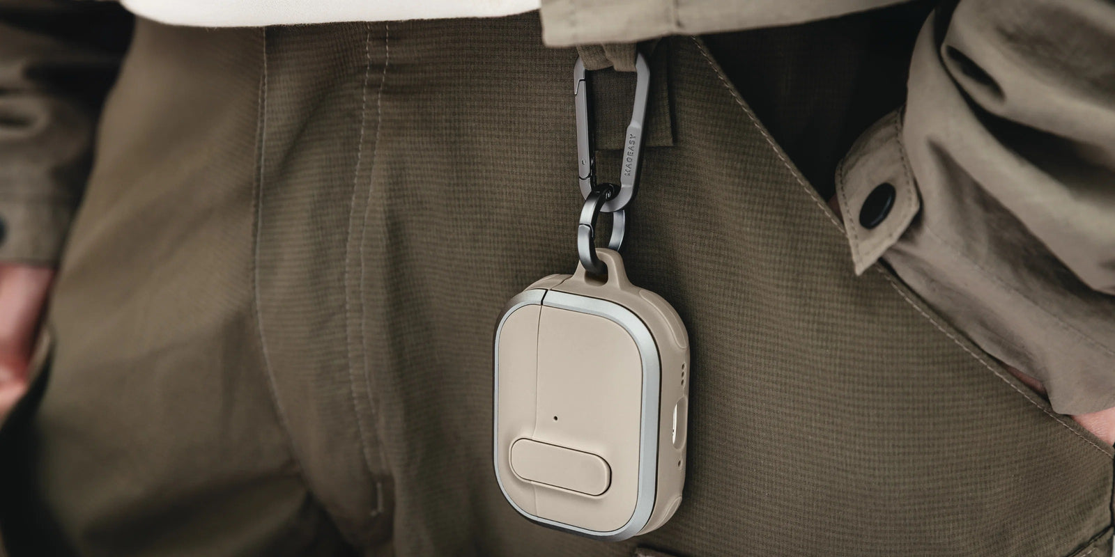 MAGEASY Odyssey rugged AirPods Pro 3 case hanging from a belt clip for hands-free everyday carry
