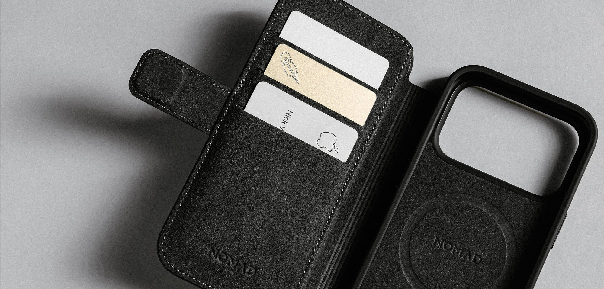 nomad folio folio case for iphone 17 pro black leather grain closeup