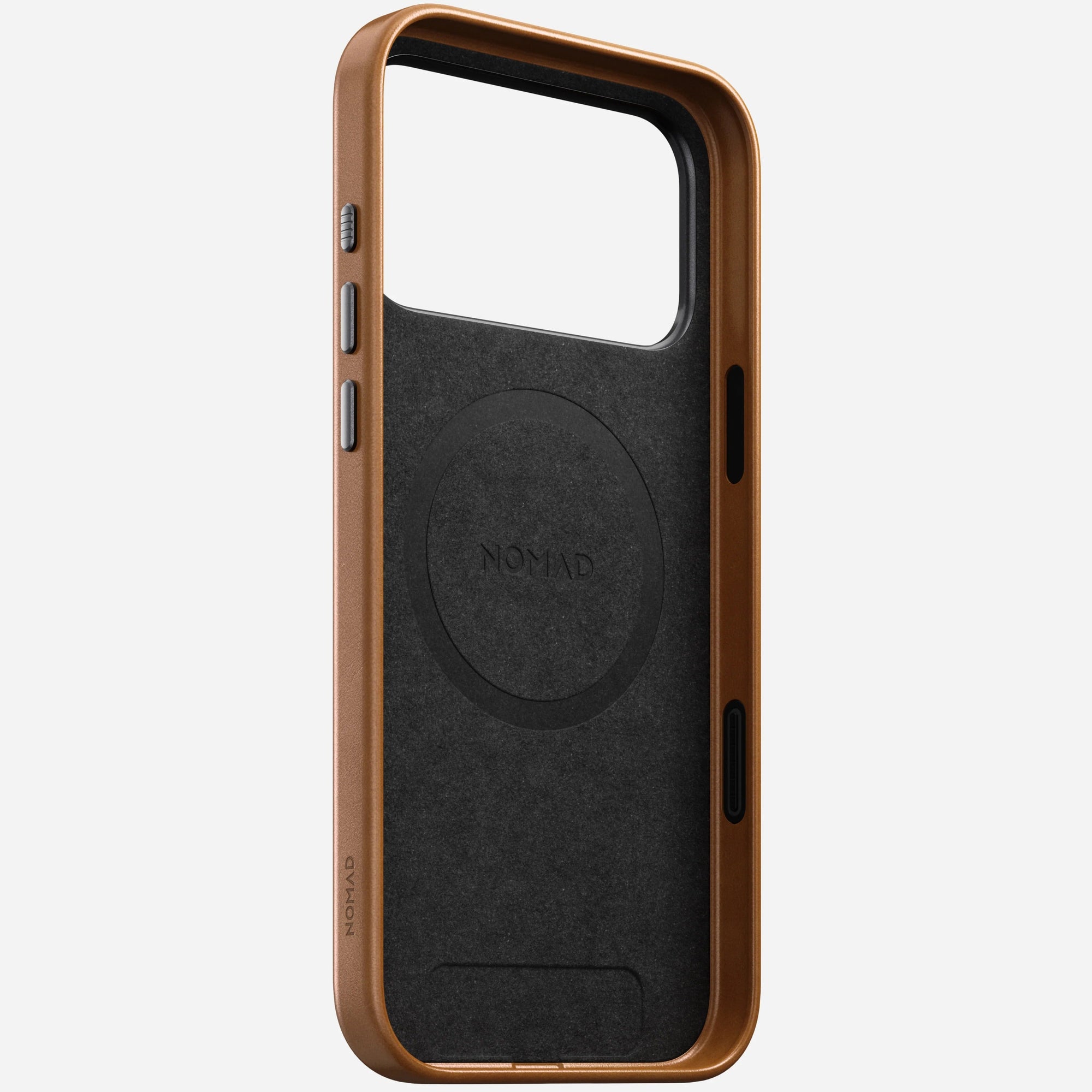 nomad leather case for iphone 17 pro english tan buttons detail