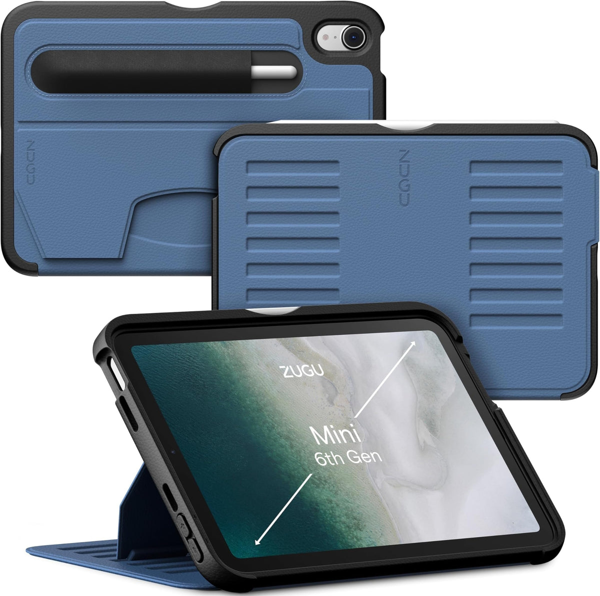 Zugu Rugged Folio Case iPad Mini 6/7 /A17 Pro Gen &amp; Magnetic Stand - Blue