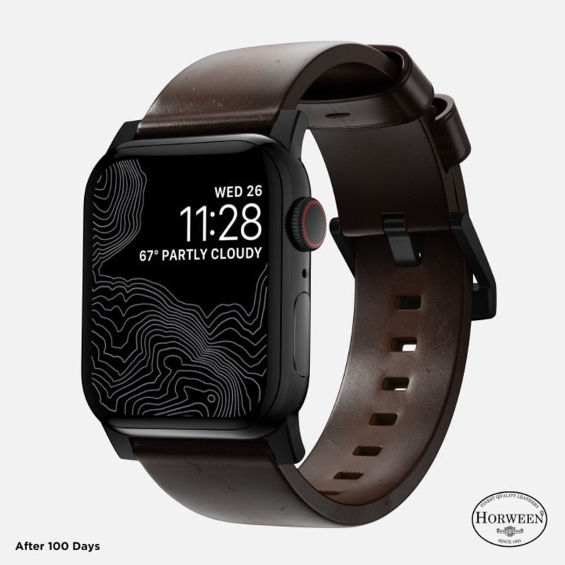 Nomad Modern Band 42/44/45/49mm Black Hardware Horween Leather Bracelet - Rustic Brown