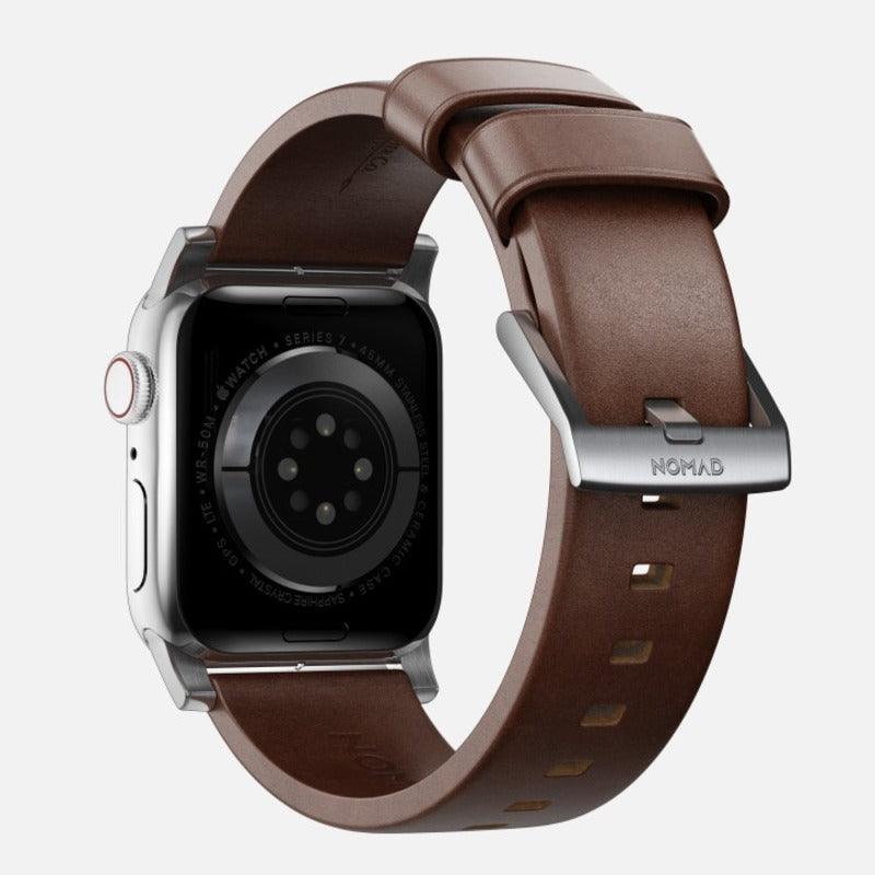 Nomad Modern Band 42mm/44mm/45mm/49mm Silver Hardware w/ Horween Leather for Apple Watch Rustic Brown