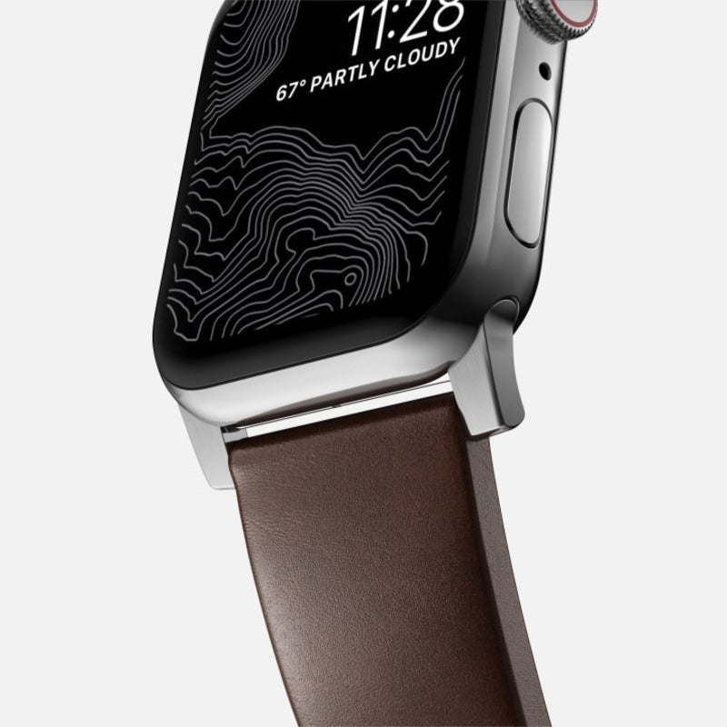 Nomad Modern Band 42mm/44mm/45mm/49mm Silver Hardware w/ Horween Leather for Apple Watch Rustic Brown