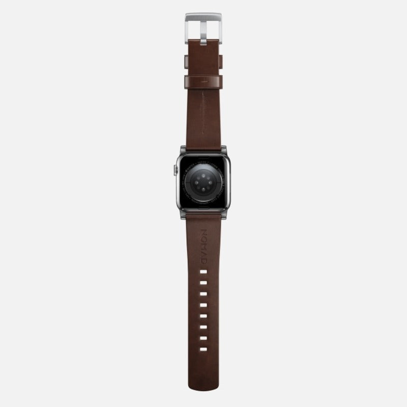 Nomad Modern Band 42mm/44mm/45mm/49mm Silver Hardware w/ Horween Leather for Apple Watch Rustic Brown