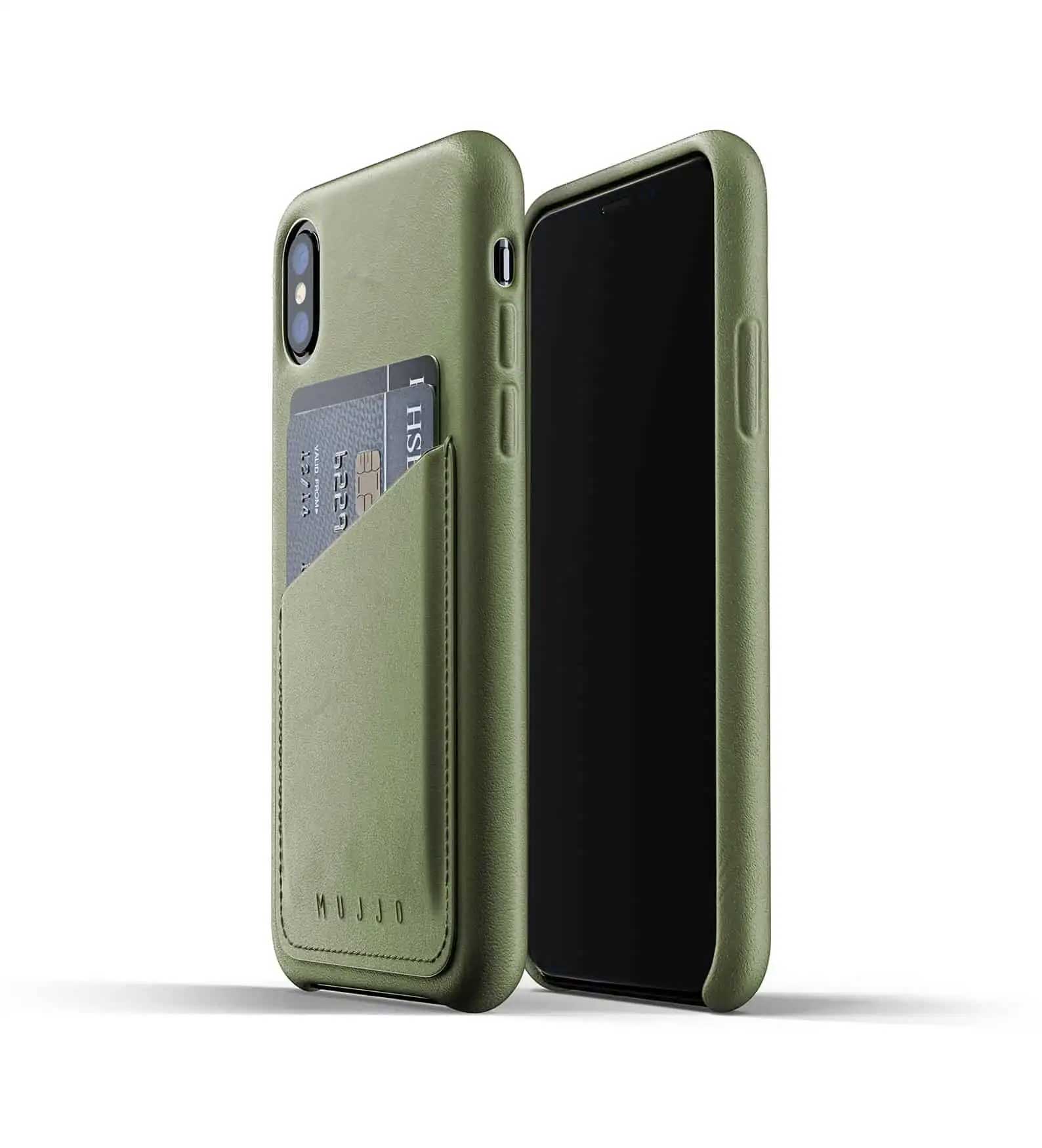 Mujjo Full Leather Slim Wallet Case w/ Microfibre Lining For iPhone X / XS - Olive Green - Mac Addict
